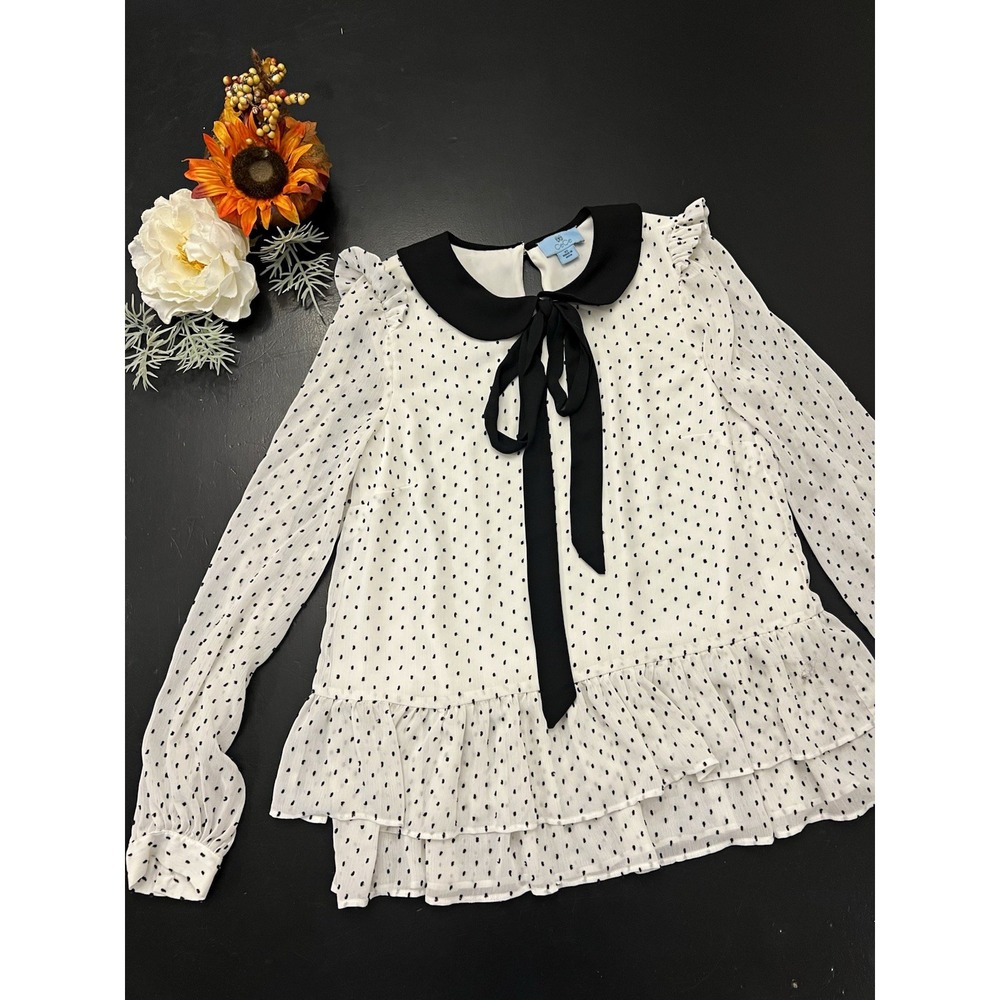 CeCe White Black Polka Dot Poet Bow Tie Peter Pan Collar Ruffle Blouse Sz XS